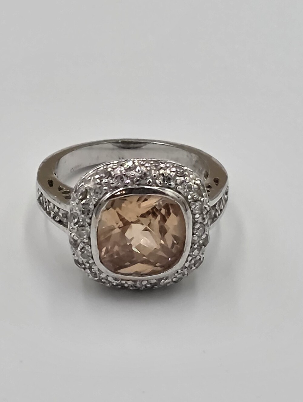 Premier Designs Silver Champagne Cushion Halo Ring with Pavé Accents Size 7